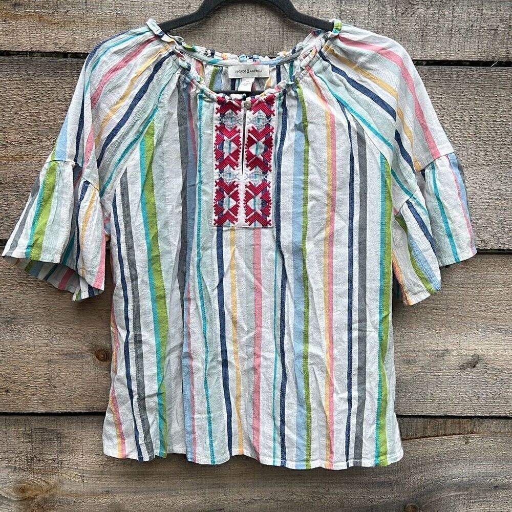 Vintage America Women's Multicolor Stripes Phoenix Ruffled Neck Blouse Medium